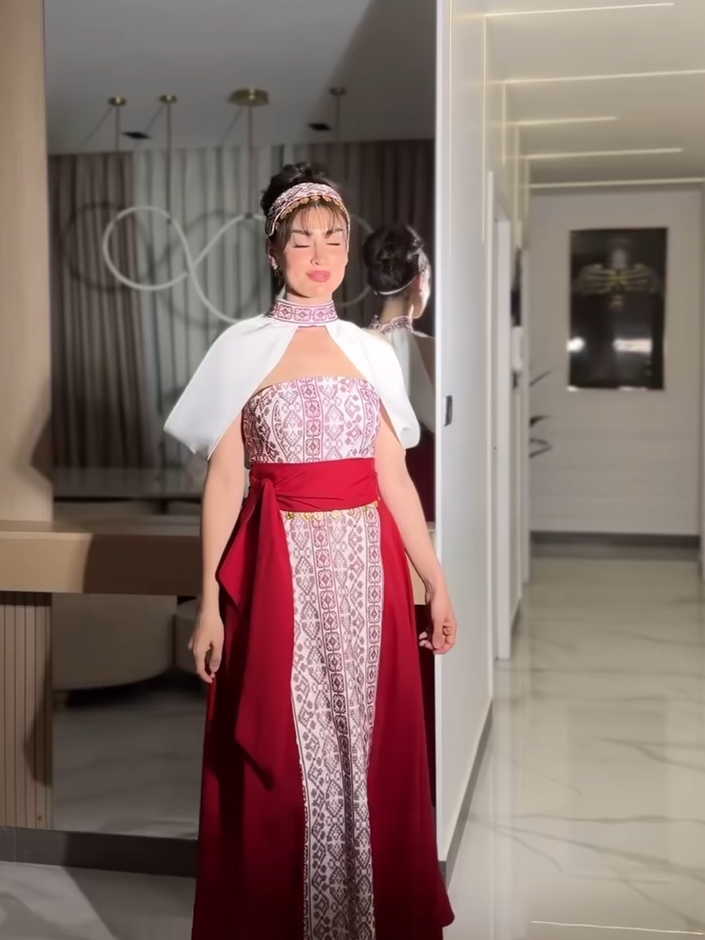 Unk Red and White Embroidered Maxi Dress with Cape